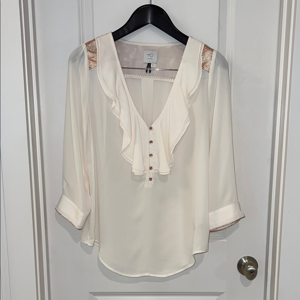 HD in Paris (Anthropologie) Ivory Blouse with Ruffle Detail, size 12